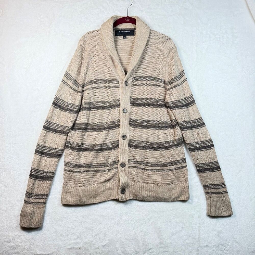 Banana Republic Womens L Italian Linen Cardigan Shawl Collar Striped Open Knit